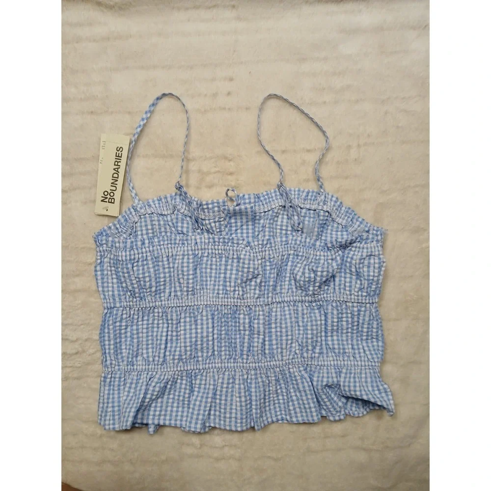 NEW No Boundaries Baby Blue Gingham Smocked Cami Crop Top Tie Front Ruffle Hem S
